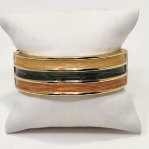 Gold Tone Wide Clamper Hinge Cuff Bracelet Cream Green Orange Shimmer Enamel